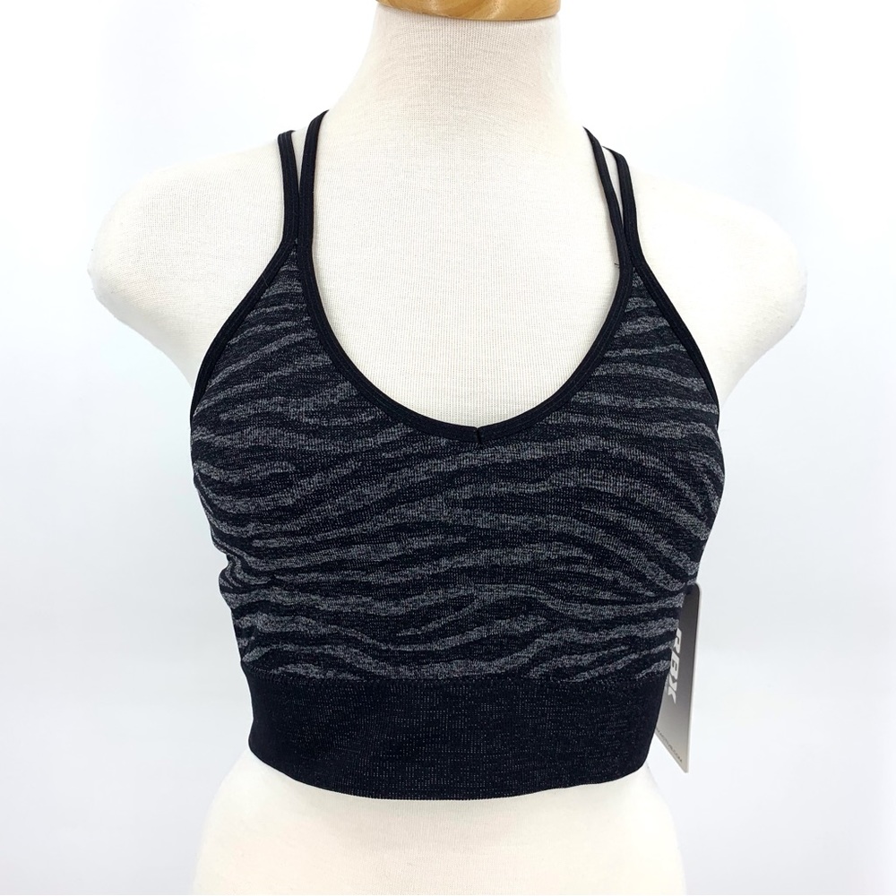 RBX Active NWT Black and Grey Zebra Jaquard T-Back Sports Bra, Medium